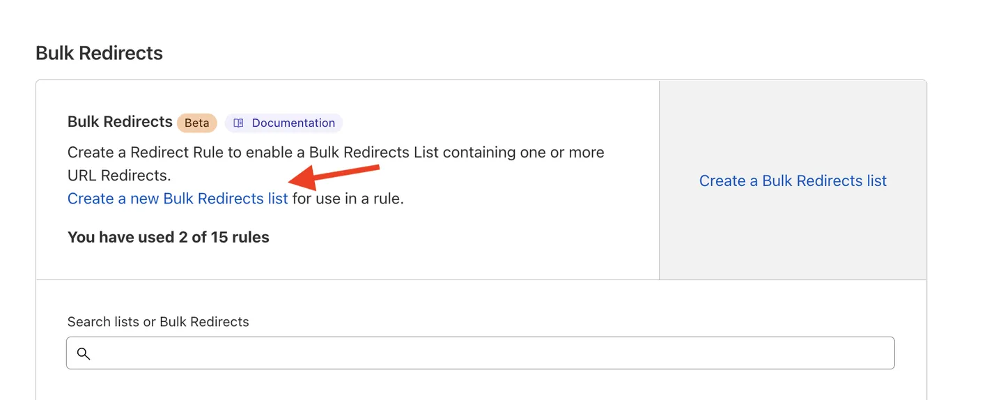 Create new Bulk Redirect list
