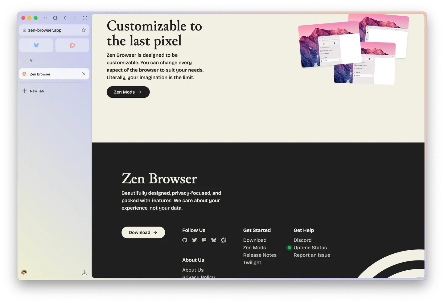 Zen browser main UI